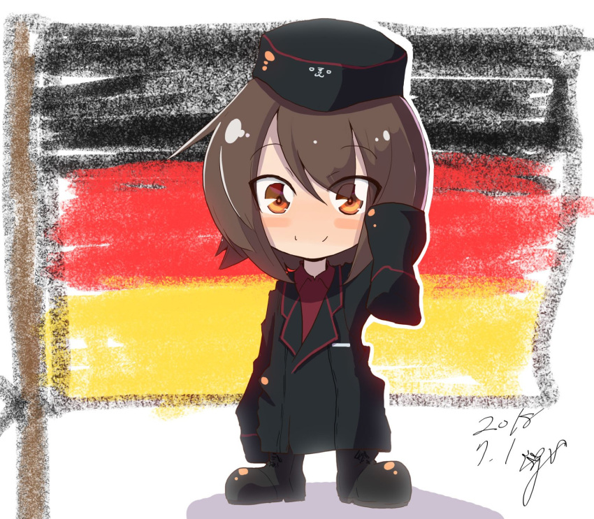 1girl :3 alternate_emblem artist_name bangs black_hat black_jacket blush_stickers brown_eyes brown_hair child closed_mouth commentary crayon dated dress_shirt eyebrows_visible_through_hair eyes_visible_through_hair faux_traditional_media flag_background full_body garrison_cap german_flag girls_und_panzer hat highres jacket jinguu_(4839ms) kuromorimine_military_uniform long_sleeves looking_at_viewer military military_hat military_uniform nishizumi_maho red_shirt red_skirt shirt short_hair signature skirt smile solo standing uniform waving younger