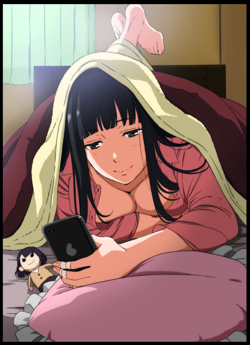 1girl absurdres bandaid bangs barefoot bed black_hair blanket blunt_bangs breasts cellphone cleavage commentary_request curtains doll futago_ane_(kakitama) grey_eyes highres jijo_(kakitama) kakitama large_breasts lips long_hair lying on_stomach original pajamas phone pillow smartphone smile solo unbuttoned window