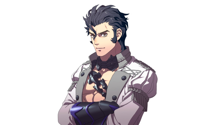 1boy abs balthus_(fire_emblem) black_hair brown_eyes chain crossed_arms fire_emblem fire_emblem:_three_houses garreg_mach_monastery_uniform highres kurahana_chinatsu looking_at_viewer official_art open_clothes open_shirt sideburns simple_background smile solo upper_body white_background