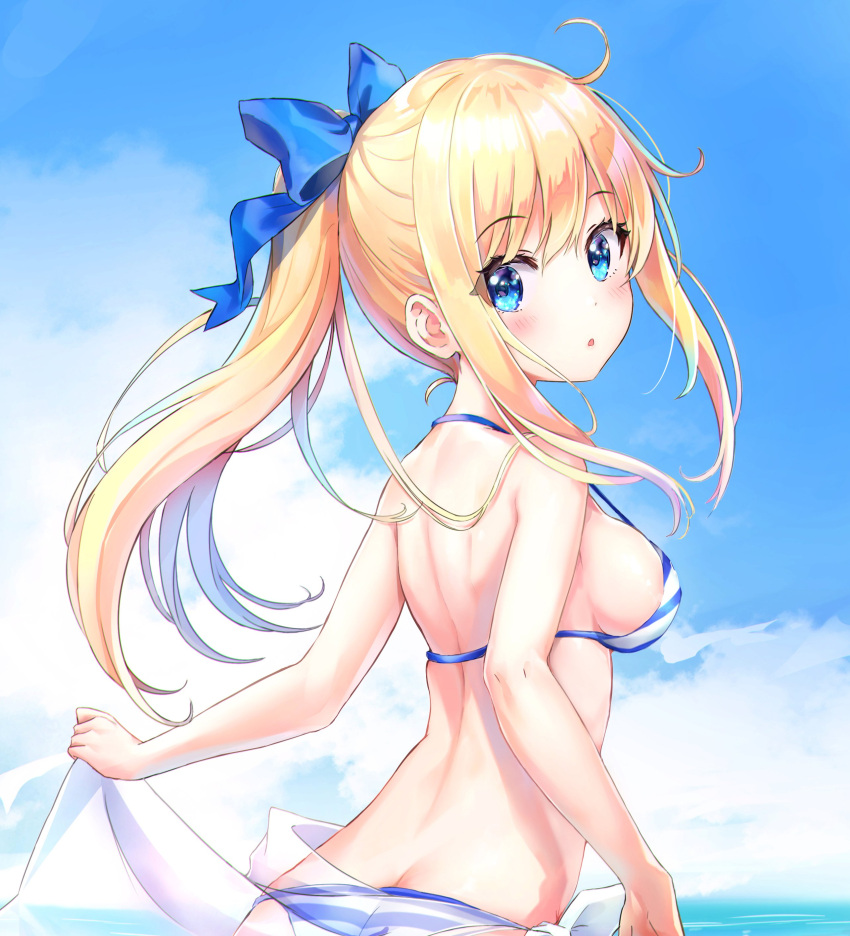 1girl absurdres bikini blonde_hair blue_eyes blue_sky bow breasts butt_crack dana_(hapong07) day from_side hair_bow halterneck highres long_hair medium_breasts original outdoors parted_lips ponytail sideboob sidelocks sky solo strap_gap striped striped_bikini swimsuit