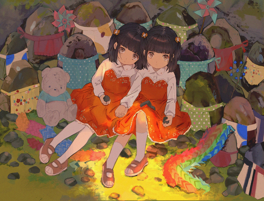 2girls bangs black_hair blunt_bangs bow brown_bow brown_eyes brown_footwear bunny_hair_ornament closed_mouth collared_shirt commentary_request dress dress_shirt grass hair_bow hair_ornament hand_holding highres holding_rock interlocked_fingers knee_up kneehighs long_sleeves looking_at_viewer multiple_girls on_grass original pantyhose pinwheel qooo003 red_dress rock shirt shoes siblings sisters stuffed_animal stuffed_toy teddy_bear twins white_legwear white_shirt
