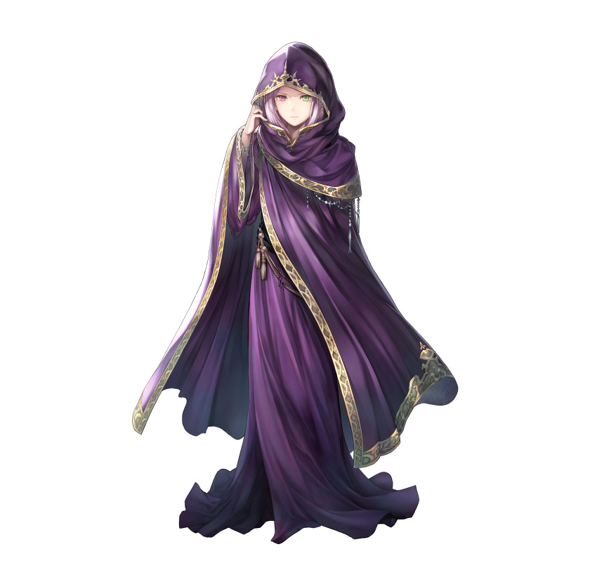 1girl absurdres closed_mouth dress fire_emblem fire_emblem:_fuuin_no_tsurugi fire_emblem_heroes full_body green_eyes hand_up heterochromia highres hood idoun jewelry lips long_dress long_sleeves looking_at_viewer nintendo official_art purple_dress purple_hair red_eyes simple_background solo standing white_background wide_sleeves yamada_koutarou