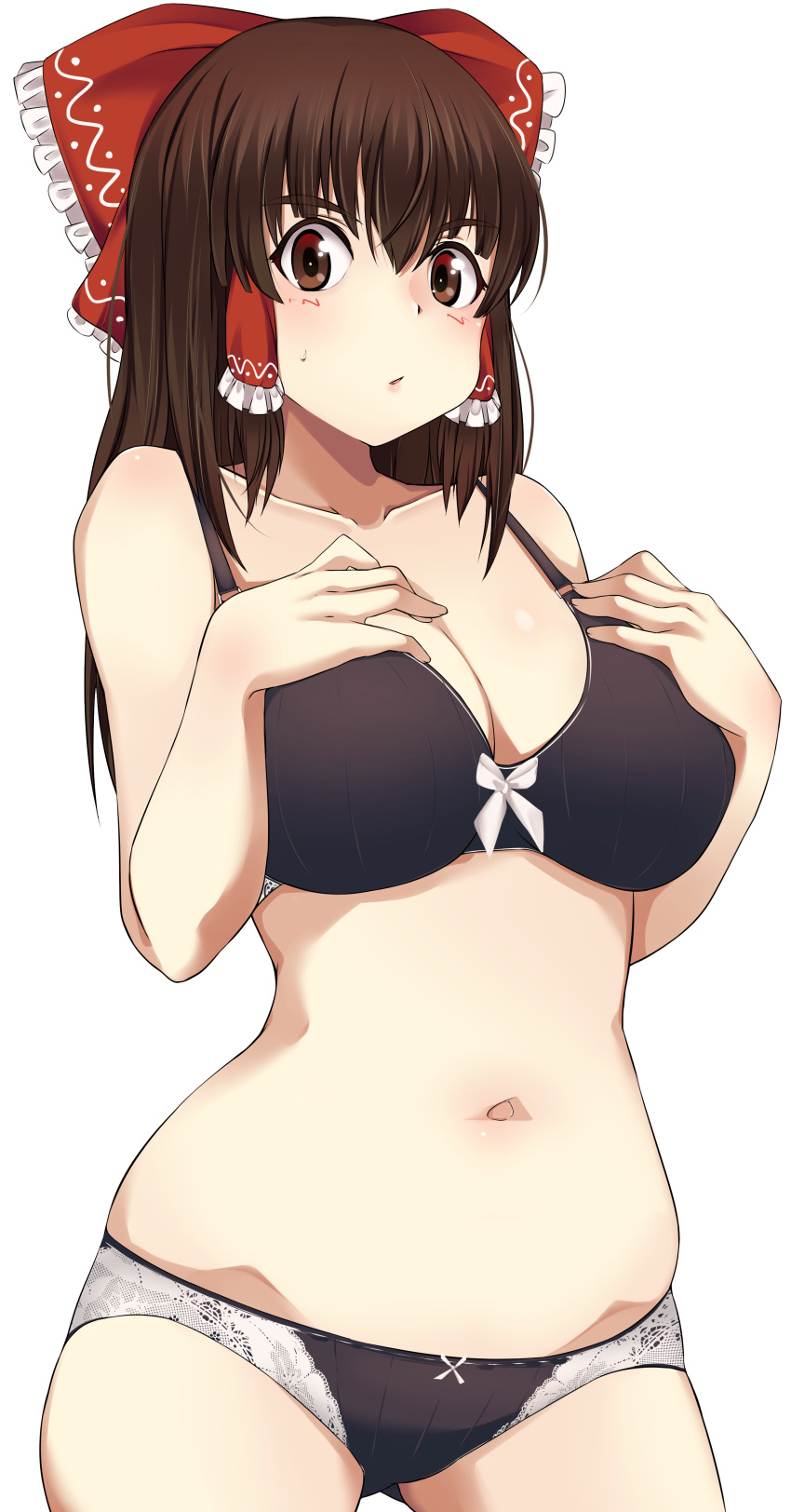 1girl absurdres bangs bare_arms bare_shoulders black_bra black_panties blush bow bra breasts brown_eyes brown_hair cleavage commentary_request cowboy_shot eyebrows_visible_through_hair gluteal_fold hair_between_eyes hair_bow hair_tubes hakurei_reimu hands_on_own_chest highres large_breasts long_hair looking_at_viewer navel paburisiyasu panties parted_lips red_bow ribbon sidelocks solo standing stomach sweat touhou transparent_background underwear underwear_only white_ribbon