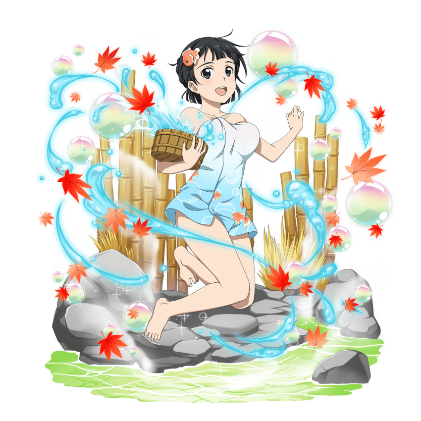 1girl :d animal_print autumn_leaves bamboo barefoot basket black_eyes black_hat blue_towel breasts bubble collarbone fish_hair_ornament fish_print full_body hair_ornament hat highres holding holding_basket kirigaya_suguha leaf looking_at_viewer maple_leaf medium_breasts naked_towel official_art onsen open_mouth print_towel short_hair smile solo sparkle sword_art_online towel transparent_background water