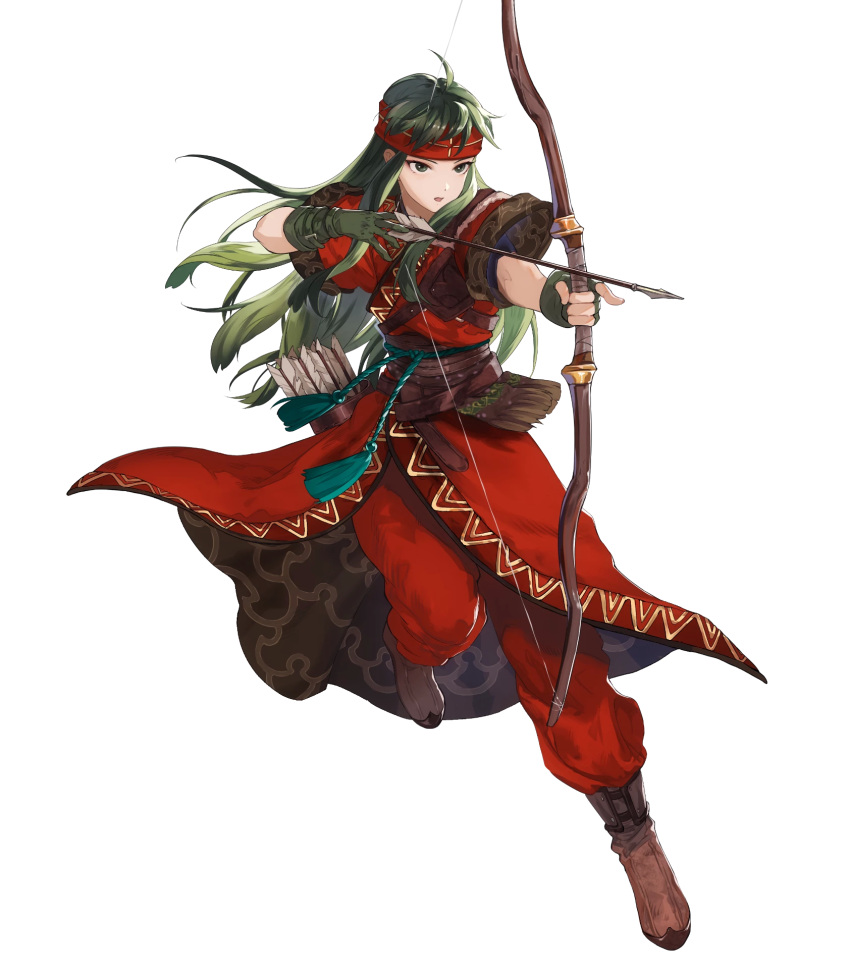 1girl armor arrow belt boots bow_(weapon) brown_footwear fingerless_gloves fire_emblem fire_emblem:_fuuin_no_tsurugi fire_emblem_heroes full_body gloves green_eyes green_hair headband highres holding holding_weapon leg_up long_hair mayo_(becky2006) nintendo official_art open_mouth pants quiver shiny shiny_hair short_sleeves shoulder_armor solo sue_(fire_emblem) teeth torn_clothes transparent_background weapon