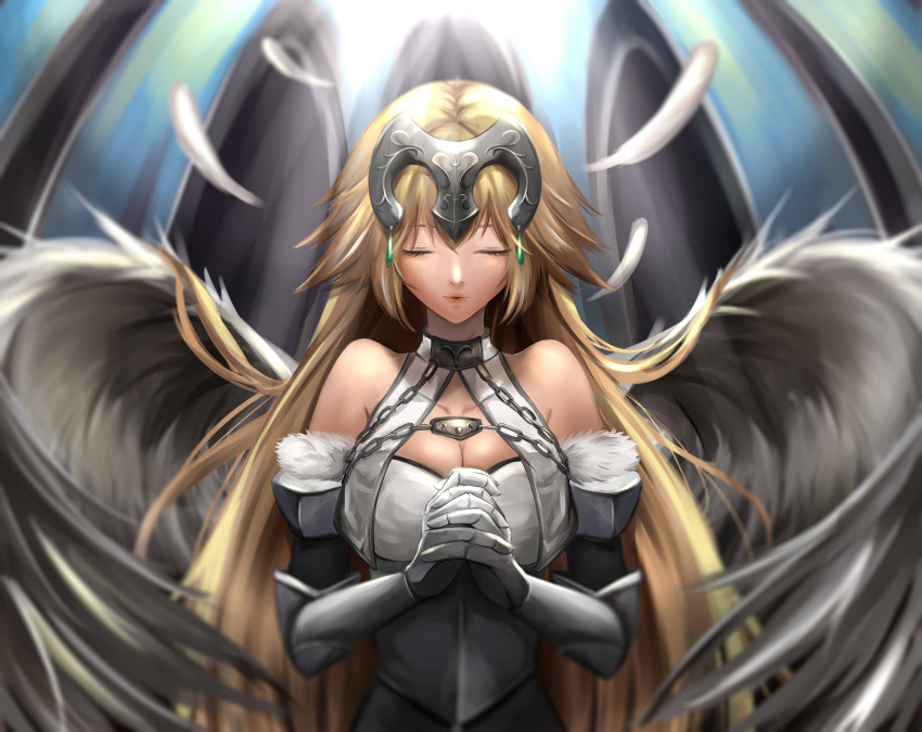 1girl absurdres angel_wings bare_shoulders blonde_hair breasts chains cleavage closed_eyes fate/apocrypha fate_(series) feathered_wings feathers gauntlets hands_clasped headpiece highres jeanne_d'arc_(fate) jeanne_d'arc_(fate)_(all) large_breasts long_hair own_hands_together shiki_(chen321aa) solo very_long_hair vest wings