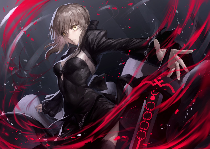 1girl absurdres artoria_pendragon_(all) black_dress black_ribbon braid breasts closed_mouth dark_excalibur dark_persona dress fate/grand_order fate/stay_night fate_(series) french_braid gothic_lolita grey_hair hair_bun highres holding holding_sword holding_weapon lolita_fashion long_sleeves looking_at_viewer peperon_(peperou) ribbon saber_alter small_breasts solo sword weapon yellow_eyes