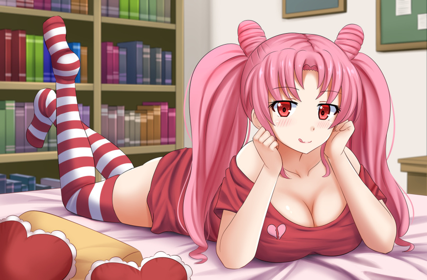 1girl :q alternate_costume bangs bare_shoulders bed bishoujo_senshi_sailor_moon blush book bookshelf breasts casual chibi_usa cleavage commentary commission double_bun english_commentary eyebrows_visible_through_hair full_body hands_up heart heart_pillow highres indoors kazenokaze large_breasts legs_up long_hair looking_at_viewer lying no_pants no_shoes off-shoulder_shirt off_shoulder on_stomach pillow pink_hair red_eyes red_legwear red_shirt shirt short_sleeves skindentation smile solo striped striped_legwear t-shirt thigh-highs thighs tongue tongue_out twintails white_legwear