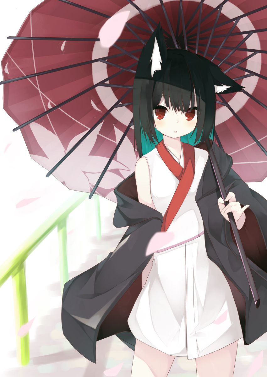 1girl :o absurdres animal_ear_fluff animal_ears aqua_hair bangs bare_shoulders black_hair blurry blurry_foreground commentary_request depth_of_field ear_down eyebrows_visible_through_hair fox_ears hair_between_eyes highres holding holding_umbrella japanese_clothes kimono long_hair long_sleeves looking_at_viewer mm2k multicolored_hair off_shoulder open_clothes oriental_umbrella original parted_lips petals pinky_out railing red_eyes red_umbrella solo standing two-tone_hair umbrella white_kimono wide_sleeves