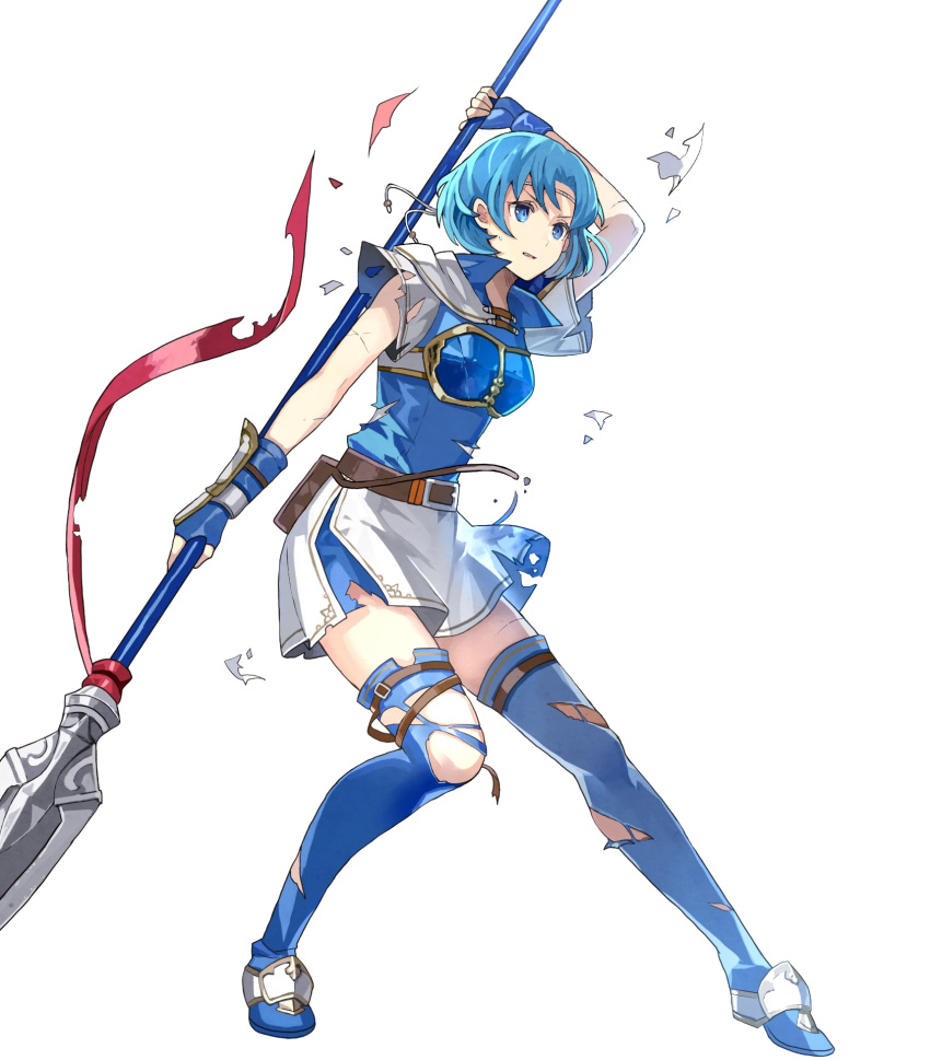 1girl armor bangs belt belt_pouch blue_eyes blue_footwear blue_hair boots breastplate fingerless_gloves fire_emblem fire_emblem:_fuuin_no_tsurugi fire_emblem_heroes full_body gloves highres holding holding_weapon miniskirt nintendo parted_lips polearm pouch scar short_hair short_sleeves shoulder_armor skirt solo spear tate thigh-highs thigh_boots tobi_(kotetsu) torn_clothes transparent_background weapon zettai_ryouiki