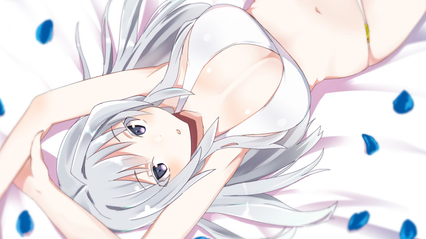 1girl :o alice_gear_aegis armpits arms_up bangs bare_arms bare_shoulders bed_sheet bikini blush breasts cleavage colored_eyelashes commentary_request eyebrows_visible_through_hair from_above hand_on_own_arm kondou_chieri large_breasts long_hair looking_at_viewer lying maze_(gochama_ze_gohan) navel on_back parted_lips petals silver_hair skindentation solo stomach swimsuit upper_body upskirt violet_eyes white_bikini