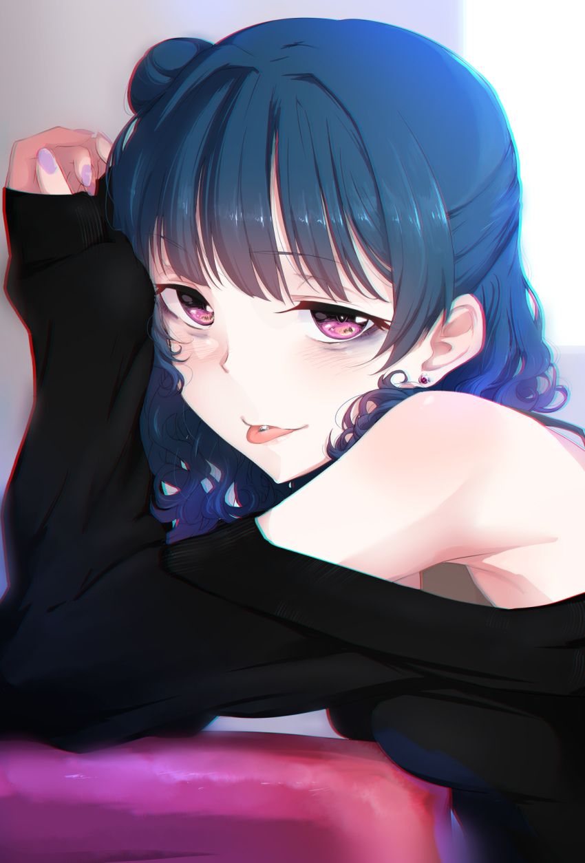 1girl :p armpits bangs black_shirt blue_hair blush breast_press chromatic_aberration clenched_hand commentary_request earrings eyeliner from_side half-closed_eyes half_updo highres jewelry leaning long_hair looking_at_viewer love_live! love_live!_sunshine!! makeup nail_polish nasuno_(nasuno42) piercing purple_nails shirt shoulder_cutout side_bun sleeves_past_wrists smile solo tongue tongue_out tongue_piercing tsushima_yoshiko upper_body violet_eyes wavy_hair