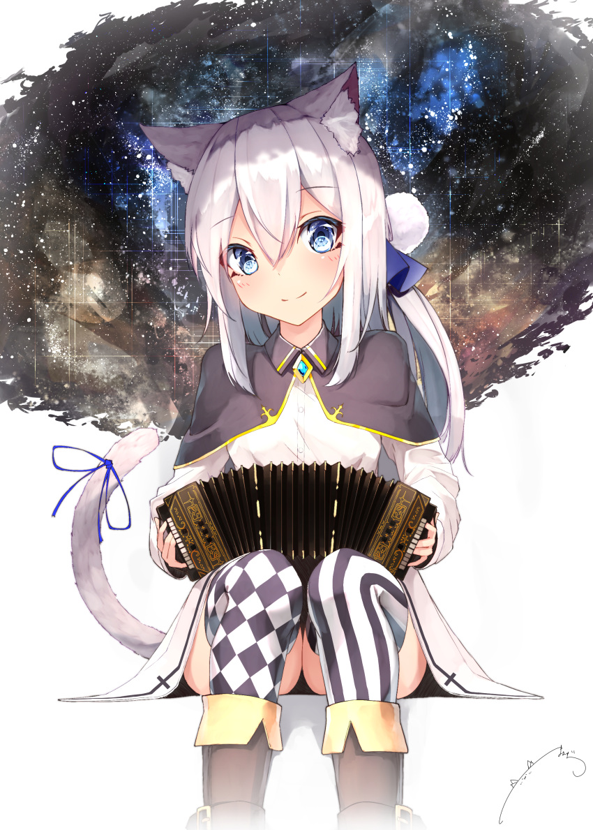1girl absurdres animal_ear_fluff animal_ears bangs blue_eyes blush boots bow capelet cat_ears cat_tail eyebrows_visible_through_hair hair_between_eyes hair_ornament highres instrument long_hair mayogii original signature silver_hair sitting smile solo tail tail_bow thigh-highs