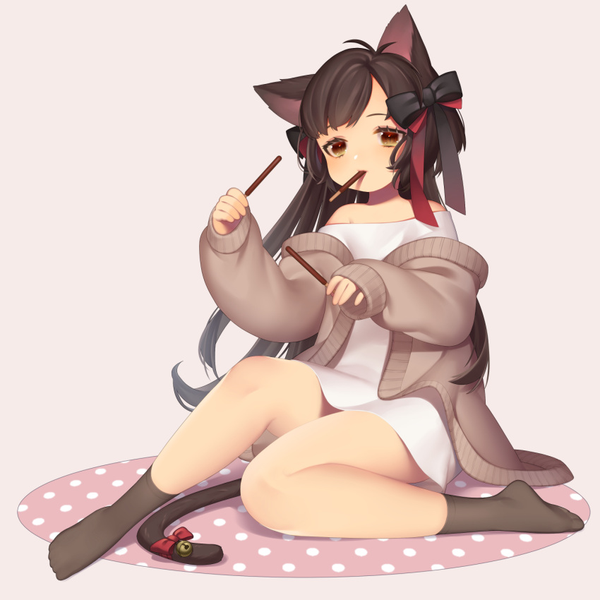 1girl animal_ears bangs bare_shoulders bell black_hair black_legwear blush bow brown_cardigan brown_eyes cardigan cat_ears cat_tail commentary_request dual_wielding ear_down food food_in_mouth hair_bow hair_ribbon highres holding holding_pocky long_hair mouth_hold off-shoulder_shirt off-shoulder_sweater off_shoulder open_cardigan open_clothes original pocky ribbon shirt sitting sleeves_past_wrists slit_pupils socks solo sweater tail tail_bell tail_bow tail_ribbon very_long_hair white_shirt yoridoriyk