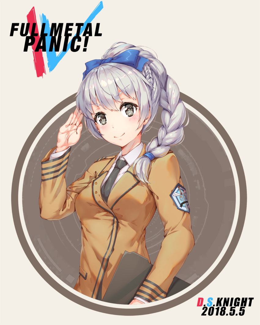 1girl 2018 black_neckwear blue_bow blush bow braid braided_ponytail brown_eyes brown_jacket copyright_name dated dsknight eyebrows_visible_through_hair full_metal_panic! grey_background hair_bow hair_over_shoulder highres holding jacket long_hair long_sleeves looking_at_viewer military military_uniform necktie salute shiny shiny_hair shirt silver_hair simple_background single_braid smile solo teletha_testarossa uniform upper_body v-shaped_eyebrows white_shirt