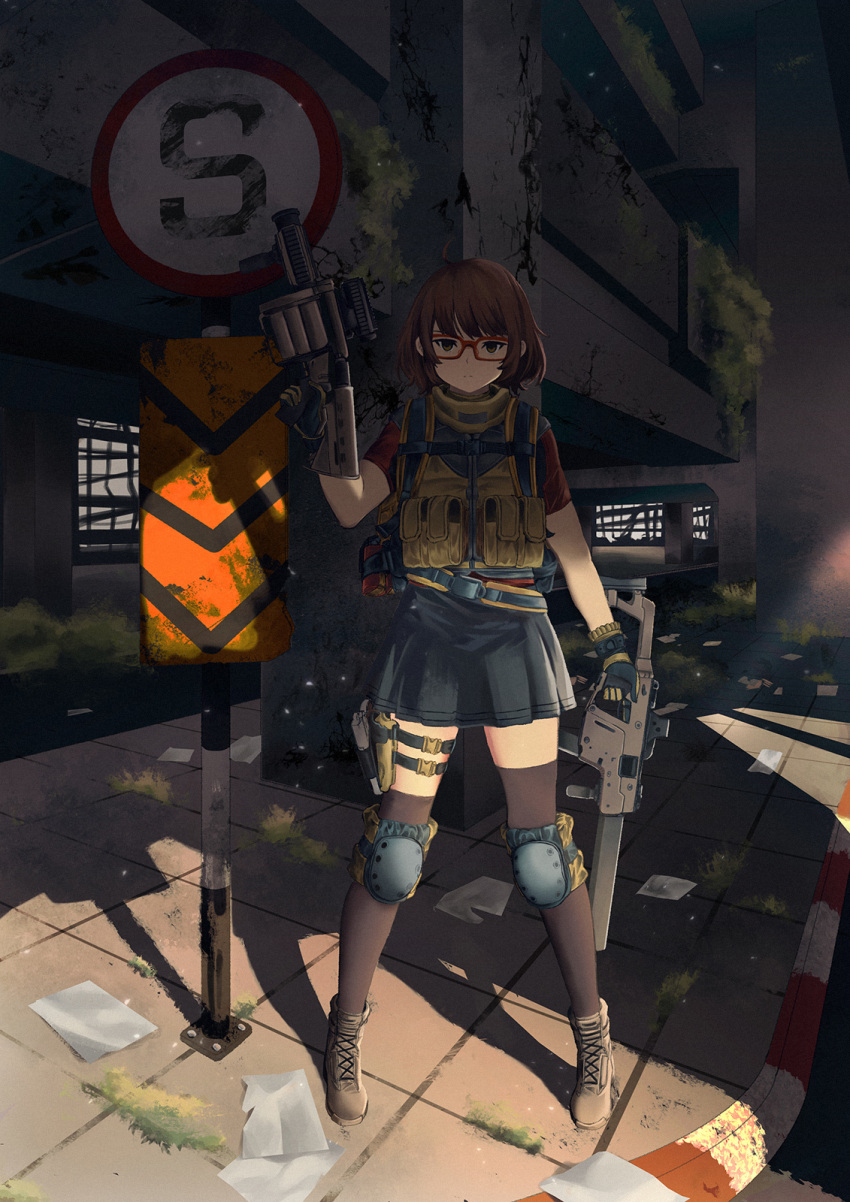1girl ahoge brown_hair commentary english_commentary glasses gloves grenade_launcher gun handgun highres holding holding_gun holding_weapon holster holstered_weapon knee_pads kriss_vector load_bearing_vest original persocon93 pistol red-framed_eyewear shadow short_hair solo submachine_gun suppressor thigh-highs thigh_holster tom_clancy's_the_division weapon