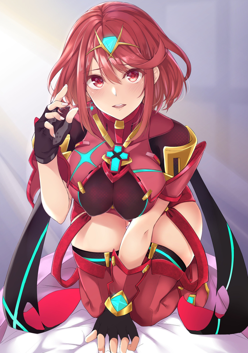 1girl absurdres breasts chest_jewel earrings fingerless_gloves fingernails gloves highres pyra_(xenoblade) jewelry kneeling large_breasts nintendo on_bed red_eyes red_shorts redhead short_hair shorts tetora_(yumejihuka) thigh-highs thighs tiara xenoblade_(series) xenoblade_2