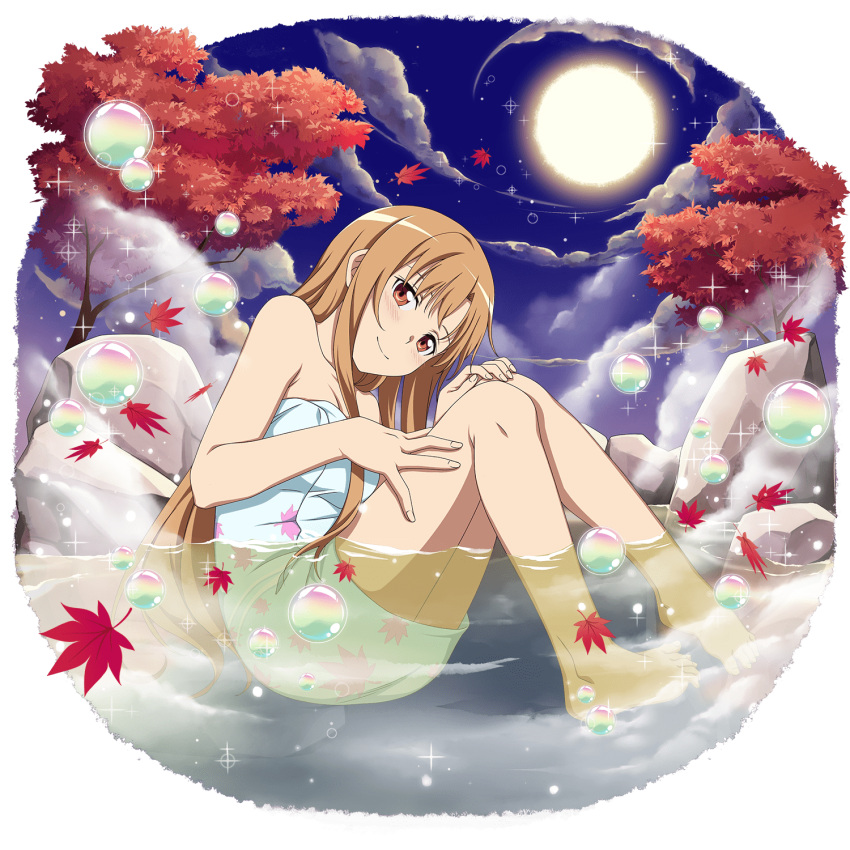 1girl asuna_(sao) autumn_leaves barefoot blush breasts brown_eyes brown_hair cleavage collarbone full_body full_moon highres leaf long_hair looking_at_viewer maple_leaf medium_breasts moon naked_towel night official_art onsen outdoors partially_submerged shiny shiny_hair sitting smile solo sparkle sword_art_online towel transparent_background very_long_hair white_towel