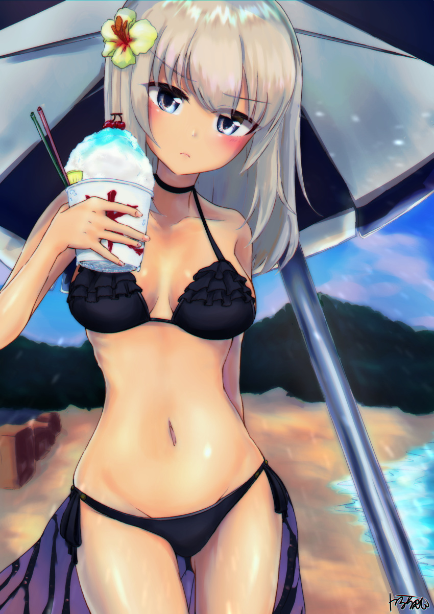 1girl absurdres arm_behind_back artist_name bangs beach beach_umbrella bikini black_bikini black_choker blue_sky blurry blurry_background blush breasts cherry choker closed_mouth clouds cloudy_sky commentary cup drinking_straw flower food frown fruit girls_und_panzer gluteal_fold groin hair_flower hair_ornament head_tilt highres holding holding_cup holding_food itsumi_erika karu_(ricardo_2628) lime_slice long_hair looking_at_viewer medium_breasts navel ocean outdoors sarong shaved_ice side-tie_bikini signature sky solo standing swimsuit thighs umbrella