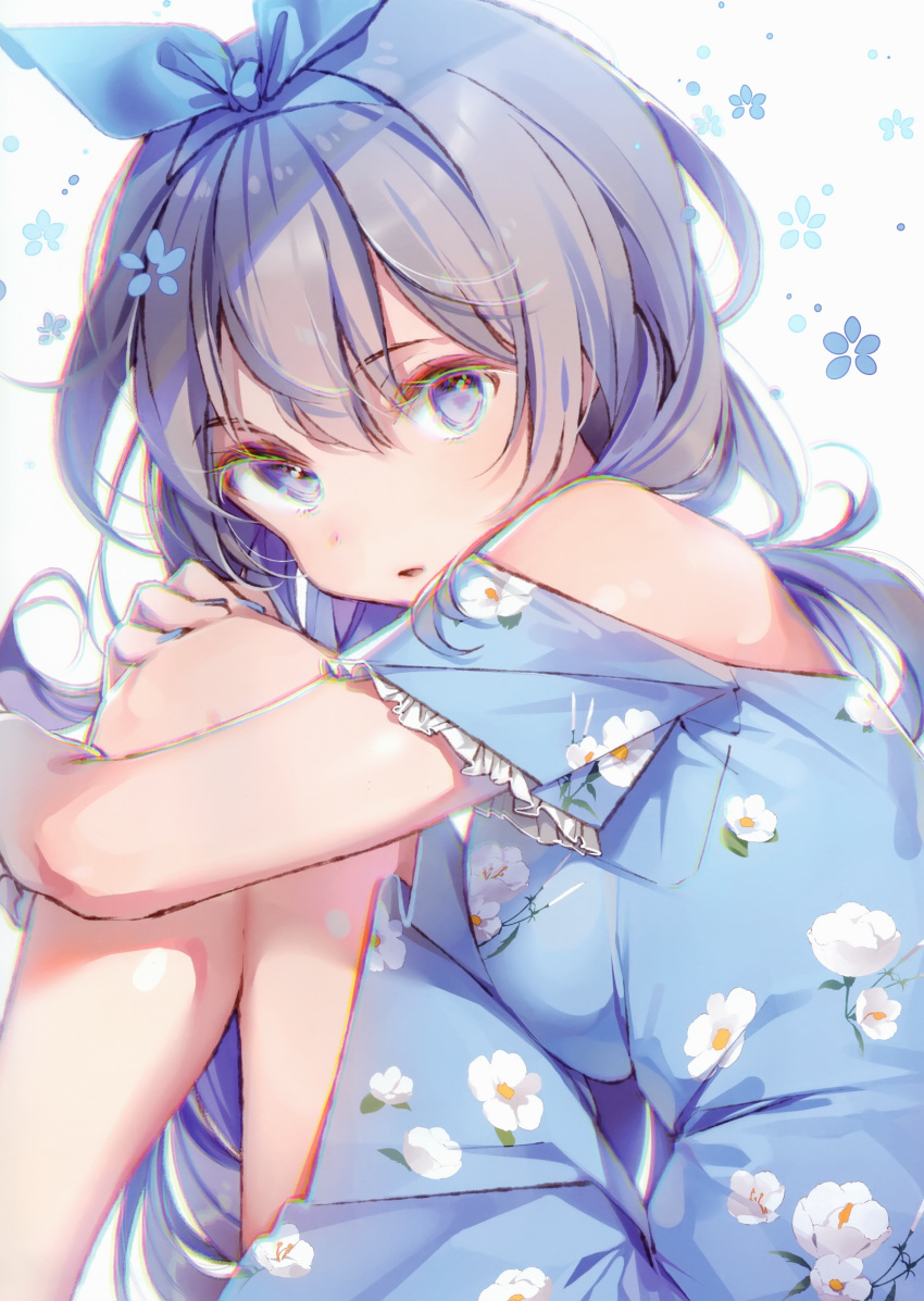 1girl absurdres bangs bare_shoulders blue_dress blue_eyes blue_nails bow breasts dress dsmile fingernails floral_print flower hair_bow highres knees_up long_hair looking_at_viewer medium_breasts nail_polish open_mouth original scan shiny shiny_hair simple_background sitting solo