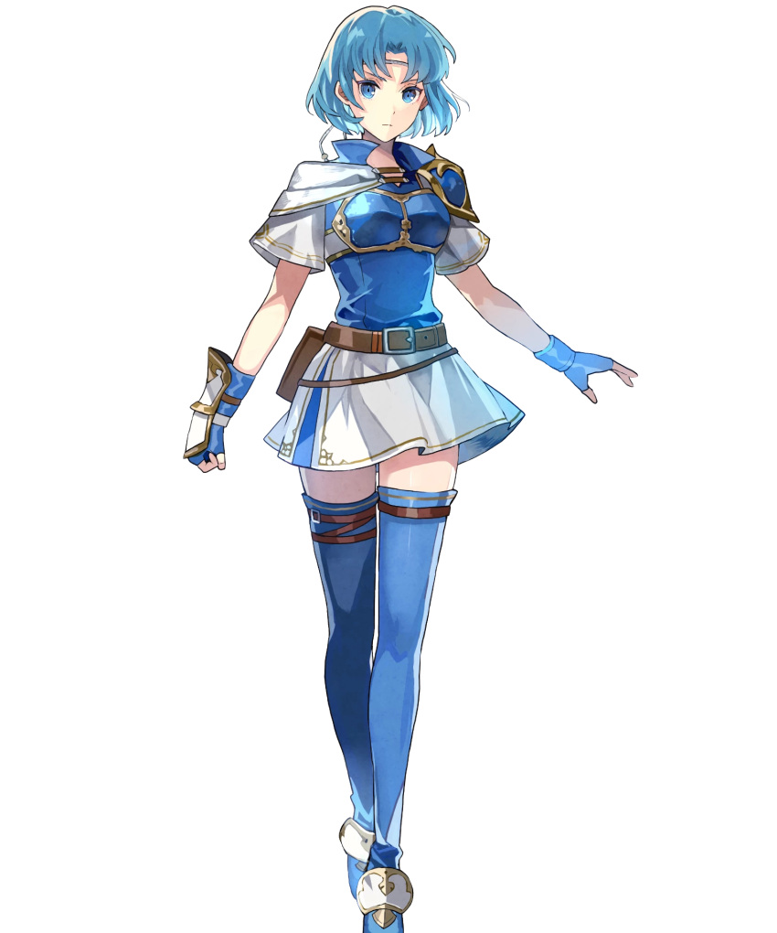 1girl armor bangs belt belt_pouch blue_eyes blue_footwear blue_hair boots breastplate clenched_hand closed_mouth fingerless_gloves fire_emblem fire_emblem:_fuuin_no_tsurugi fire_emblem_heroes full_body gloves highres looking_at_viewer miniskirt nintendo pouch serious short_hair short_sleeves shoulder_armor skirt solo standing tate thigh-highs thigh_boots tobi_(kotetsu) transparent_background zettai_ryouiki