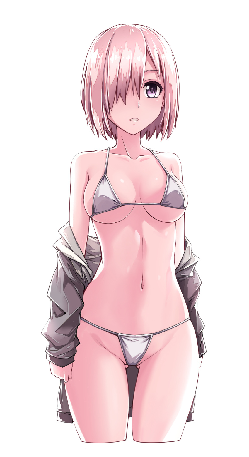 1girl a4typhoon absurdres arms_at_sides ass_visible_through_thighs backlighting bangs bare_shoulders bikini black_hoodie breasts breasts_apart collarbone commentary_request covered_nipples cowboy_shot cropped_legs eyelashes fate/grand_order fate_(series) groin hair_over_one_eye halterneck highres hood hood_down hoodie jacket long_sleeves looking_at_viewer mash_kyrielight medium_breasts micro_bikini midriff navel off_shoulder open_clothes open_hoodie open_jacket parted_lips pink_hair short_hair simple_background skindentation solo standing stomach string_bikini swimsuit teeth under_boob violet_eyes white_background white_bikini