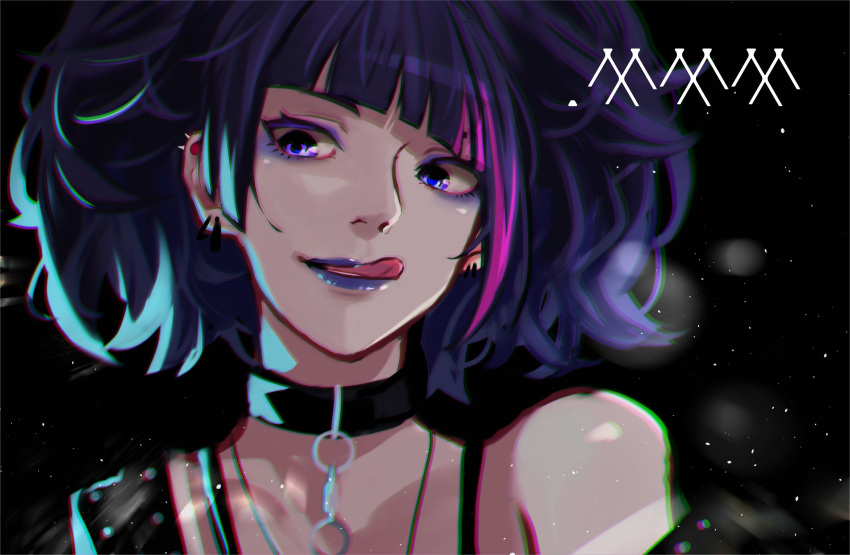 1girl :q bangs black_choker choker chromatic_aberration commentary_request diagonal_bangs ear_piercing earrings eyeshadow face highres idolmaster idolmaster_shiny_colors jewelry licking_lips lipstick makeup multicolored_hair oone0206 piercing purple_eyeshadow purple_hair purple_lipstick solo streaked_hair tanaka_mamimi tongue tongue_out upper_body violet_eyes