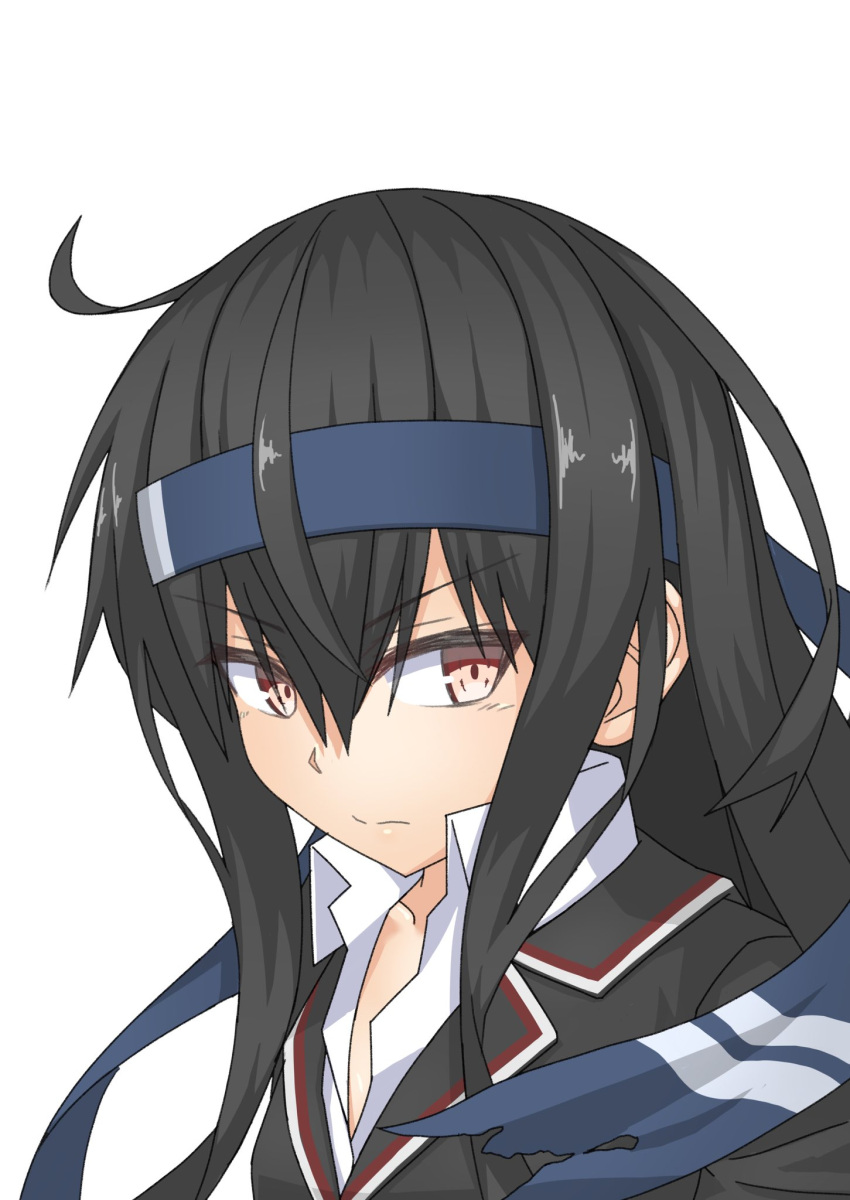 1girl bangs black_hair black_jacket blazer blue_ribbon blush closed_mouth collarbone collared_shirt commentary_request eyebrows_visible_through_hair hair_between_eyes hair_over_shoulder hatsushimo_(kantai_collection) headband highres jacket kantai_collection long_hair looking_at_viewer red_eyes remodel_(kantai_collection) ribbon shirt simple_background solo umino_ht upper_body v-shaped_eyebrows white_background white_shirt