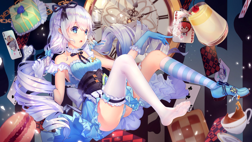 1girl :o absurdres apron ass asymmetrical_legwear back_bow bangs black_neckwear black_ribbon blue_bow blue_dress blue_eyes blue_flower blue_footwear blue_gloves blue_legwear blue_panties blue_rose blush bow breasts buckle bug butterfly cake card cherry clock collarbone commentary_request cookie corset cup dress drill_hair elbow_gloves eyebrows_visible_through_hair fang flower food frilled_gloves frilled_legwear frills fruit full_body gloves hair_bow hair_ribbon highres honkai_(series) honkai_impact_3 insect key kneehighs long_hair low_twintails macaron mismatched_gloves mismatched_legwear neck_garter neck_ribbon nhan open_mouth panties pantyshot playing_card pudding ribbon rose saucer shoes single_kneehigh single_shoe single_thighhigh sleeveless sleeveless_dress small_breasts solo spoon striped striped_legwear striped_panties tareme tea teacup theresa_apocalypse thigh-highs twin_drills twintails underwear upskirt vertical-striped_dress vertical_stripes very_long_hair waist_apron white_apron white_bow white_gloves white_hair white_legwear