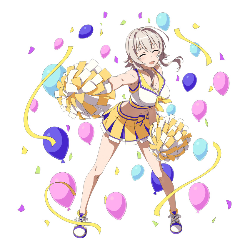 1girl :d asymmetrical_hair balloon bandaid bandaid_on_face breasts cheerleader closed_eyes crop_top full_body highres large_breasts leaning_forward long_hair midriff miniskirt mole mole_on_breast navel official_art open_mouth outstretched_arm pleated_skirt pointy_ears pom_poms shoes silver_hair skirt sleeveless smile sneakers solo standing stomach strea_(sao-alo) sword_art_online transparent_background yellow_skirt