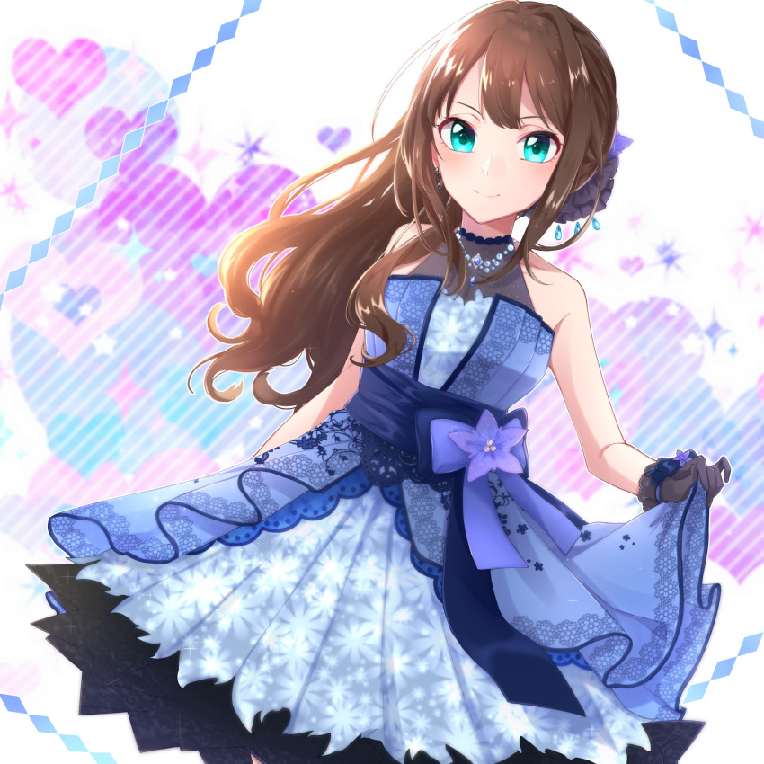 1girl aqua_eyes bare_arms bare_shoulders black_gloves blue_dress blush breasts brown_hair commentary_request dress gloves hair_ornament heart highres idolmaster idolmaster_cinderella_girls idolmaster_cinderella_girls_starlight_stage long_hair looking_at_viewer medium_breasts ponytail shibuya_rin siratama0629 sleeveless sleeveless_dress smile solo standing upper_body