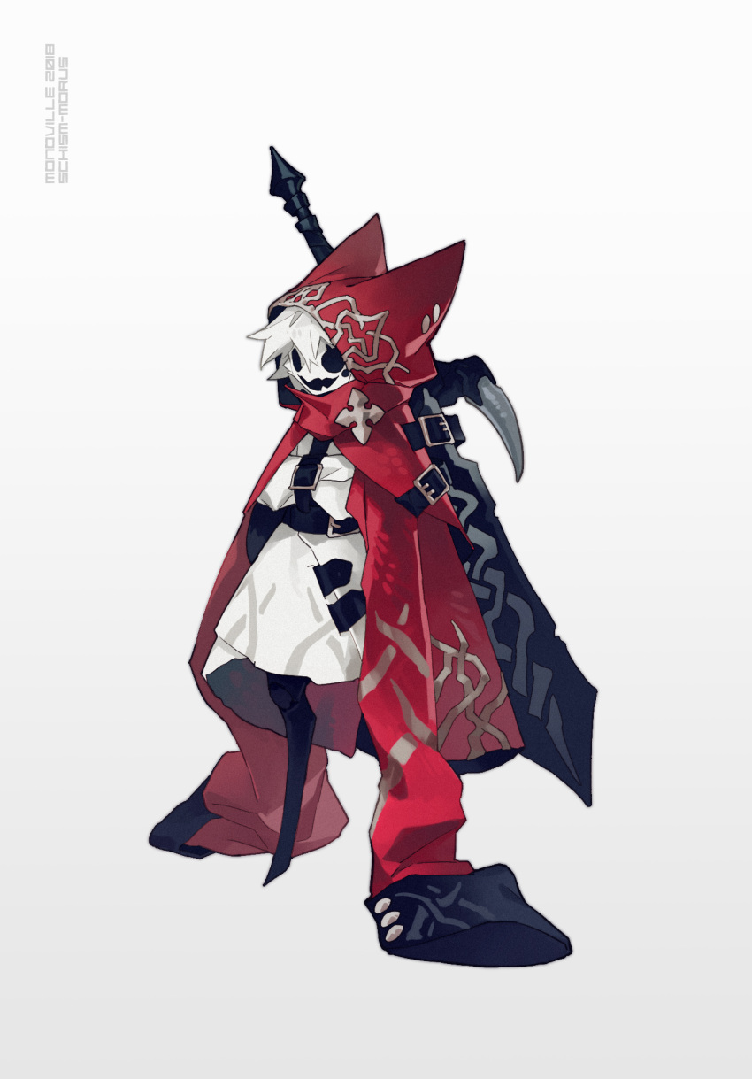 1boy belt belt_buckle black_sleeves buckle buttons cloak hair_between_eyes highres hood hood_up jacket keroreud long_sleeves mask open_mouth original red_cloak simple_background solo standing straitjacket sword weapon weapon_on_back white_background white_hair