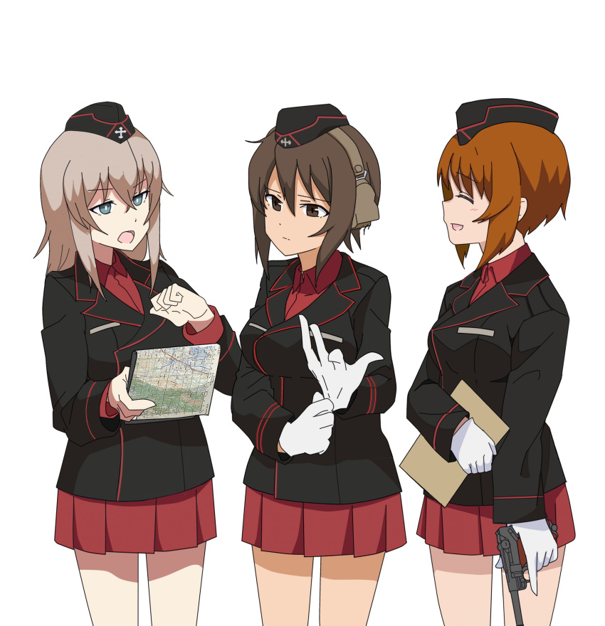 3girls absurdres bangs black_hat black_jacket blue_eyes bright_pupils brown_eyes brown_hair clipboard closed_eyes closed_mouth commentary_request dress_shirt eyebrows_visible_through_hair facing_another frown garrison_cap girls_und_panzer glove_pull gun handgun hat headphones highres holding itsumi_erika jacket korean_commentary kuromorimine_military_uniform light_blush long_hair long_sleeves looking_at_another luger_p08 map military military_hat military_uniform miniskirt multiple_girls nishizumi_maho nishizumi_miho open_mouth perfect_han pleated_skirt red_shirt red_skirt shirt short_hair siblings silver_hair simple_background sisters skirt smile standing trigger_discipline uniform weapon white_background white_pupils