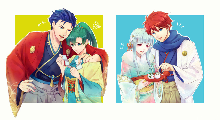 2boys 2girls blue_hair eliwood_(fire_emblem) fire_emblem green_hair hector_(fire_emblem) highres japanese_clothes kimono light_blue_hair lyndis_(fire_emblem) multiple_boys multiple_girls new_year ninian nintendo redhead smile taiga_kazame yukata