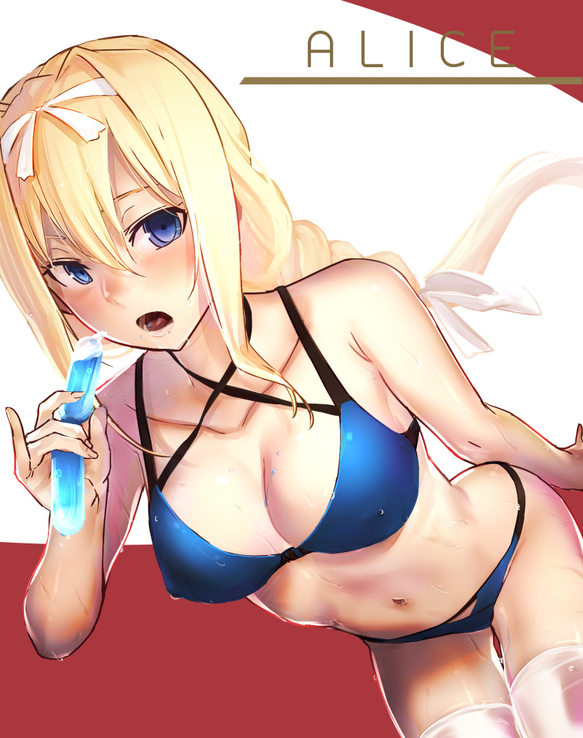 1girl alice_schuberg arm_behind_back bare_shoulders bent_over bikini blonde_hair blue_bikini blue_eyes blush braid breasts character_name cleavage collarbone commentary_request food hair_between_eyes hairband highres holding holding_food i-pan ice long_hair looking_at_viewer navel open_mouth ribbon solo swimsuit sword_art_online thigh-highs very_long_hair white_legwear