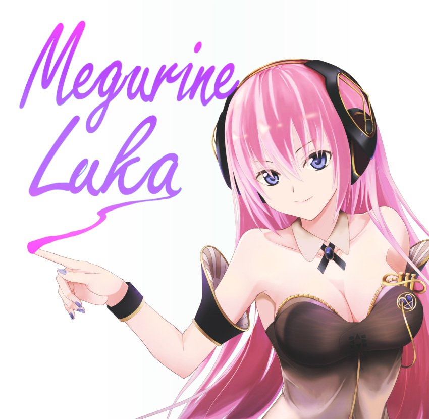 1girl arm_strap bangs blue_eyes blue_nails breasts character_name choker cleavage collarbone floating_hair hair_between_eyes headphones highres index_finger_raised kemeko_(s065026) long_hair medium_breasts megurine_luka nail_polish pink_hair sleeveless smile solo strapless upper_body very_long_hair vocaloid white_background wristband