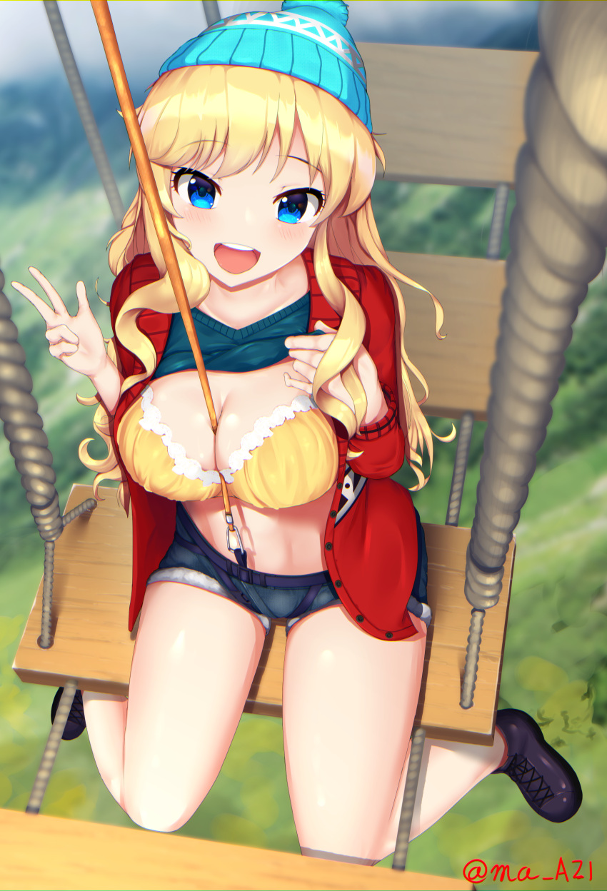 1girl :d absurdres ankle_boots bangs bare_legs beanie between_breasts black_footwear blonde_hair blue_eyes blue_hat blue_shirt blue_shorts blurry blurry_background blush boots bra breasts bridge commentary_request day denim denim_shorts depth_of_field eyebrows_visible_through_hair hand_on_own_chest hat highres idolmaster idolmaster_cinderella_girls jacket long_hair long_sleeves looking_at_viewer ma_azi ootsuki_yui open_clothes open_jacket open_mouth outdoors red_jacket rope round_teeth shirt shirt_lift shorts sitting skirt skirt_lift smile solo teeth twitter_username unbuttoned underwear upper_teeth w wavy_mouth yellow_bra