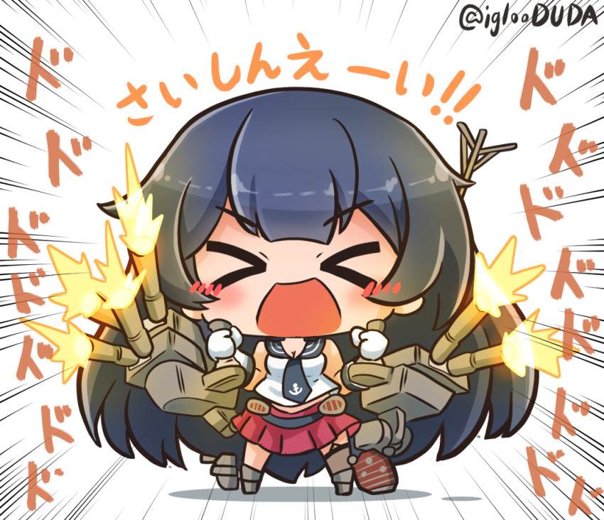 &gt;o&lt; 1girl agano_(kantai_collection) asimo953 asymmetrical_legwear bangs belt black_hair blush breasts cannon chibi commentary_request eyebrows_visible_through_hair firing flight_deck garter_straps gloves hair_between_eyes holding kantai_collection long_hair machinery miniskirt necktie open_mouth pleated_skirt red_skirt rigging sailor_collar school_uniform serafuku simple_background single_thighhigh skirt sleeveless smile solo standing thigh-highs turret very_long_hair white_background white_gloves