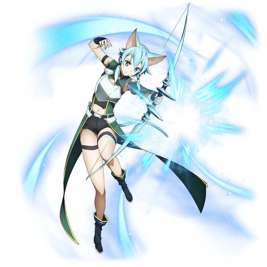 1girl animal_ears arm_strap asymmetrical_sleeves black_footwear black_ribbon black_shorts blue_eyes blue_hair boots breastplate cat_ears cat_tail detached_sleeves firing full_body green_sleeves hair_ribbon highres holding_bow looking_down midriff navel official_art ribbon short_hair_with_long_locks short_shorts shorts sidelocks single_sleeve sinon_(sao-alo) smile solo stomach sword_art_online tail thigh_strap transparent_background