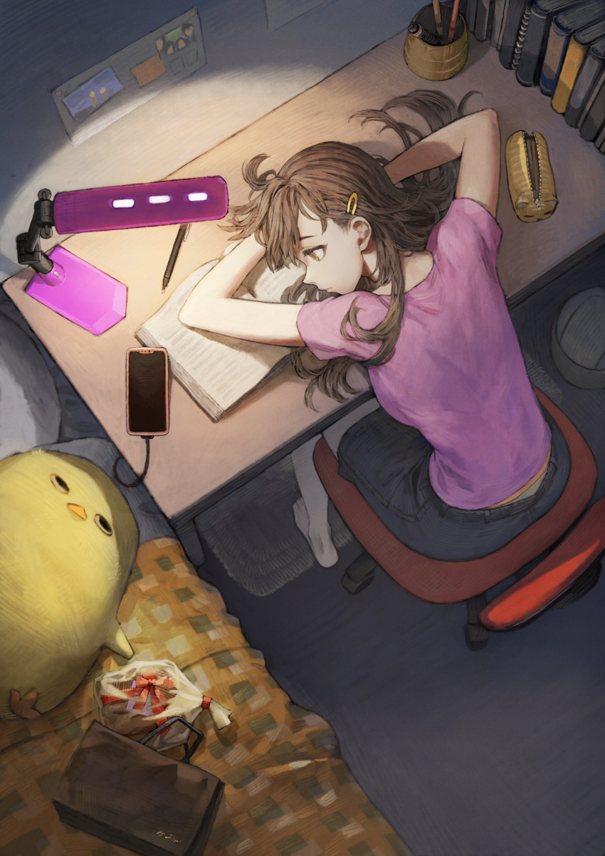 1girl bag brown_hair casual desk handbag head_on_table highres jun_(seojh1029) lamp long_hair original pencil phone skirt solo stuffed_toy table