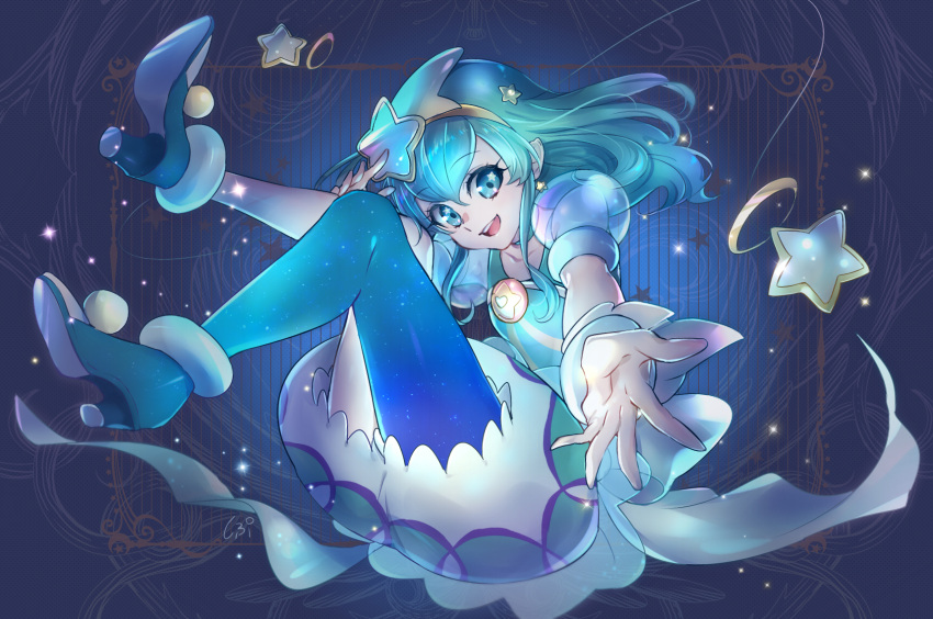 1girl blue blue_background blue_eyes blue_footwear blue_hair blue_legwear blue_neckwear bubble_skirt choker cure_milky earrings full_body hagoromo_lala hair_ornament hairband highres jewelry looking_at_viewer magical_girl open_mouth outstretched_hand pointy_ears precure puffy_sleeves see-through_sleeves shipu_(gassyumaron) shoes short_hair signature single_leg_pantyhose skirt smile solo sparkle star star_earrings star_hair_ornament star_in_eye star_twinkle_precure symbol_in_eye wrist_cuffs yellow_hairband