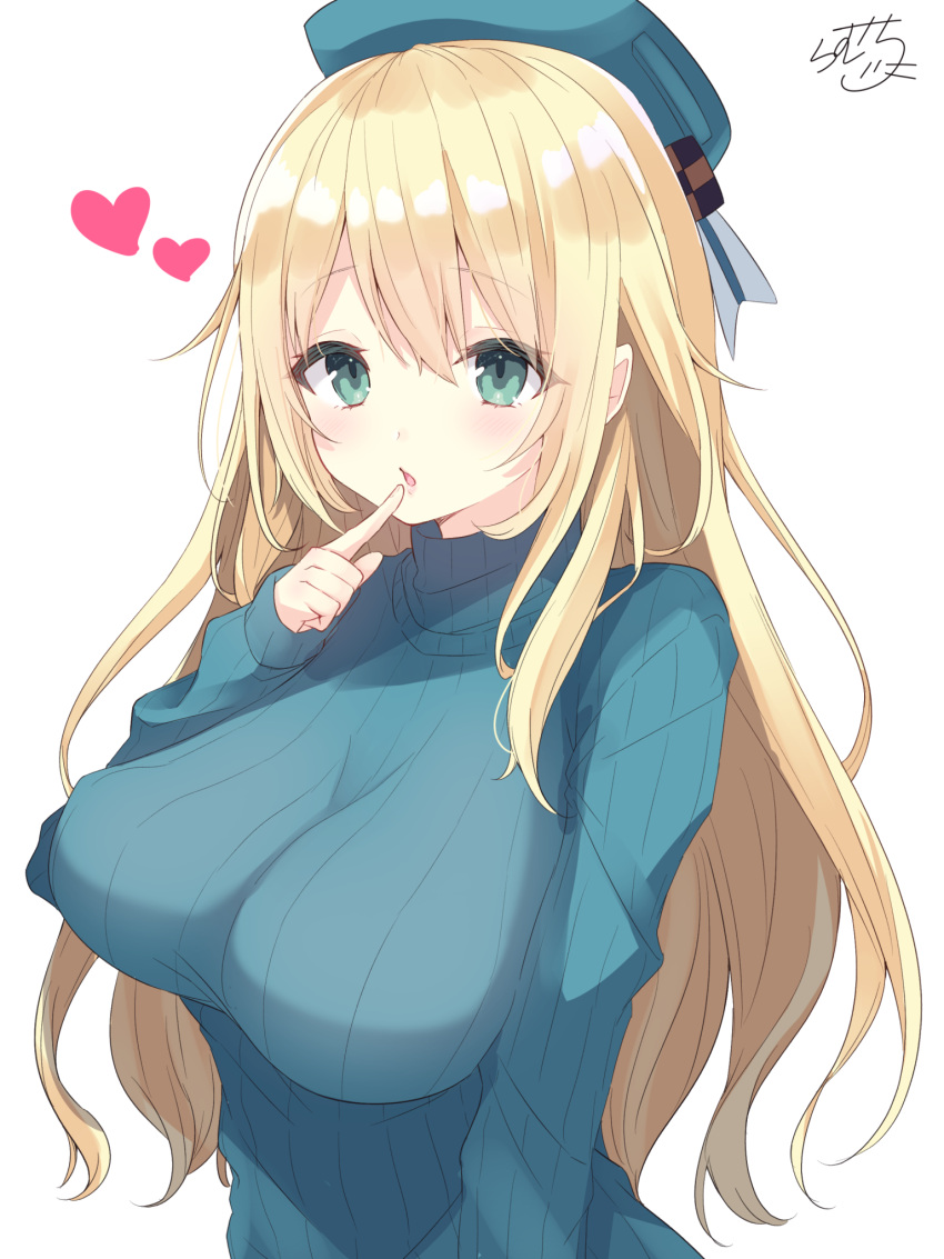 1girl alternate_costume artist_name atago_(kantai_collection) bangs beret blonde_hair blue_hat blush breasts collarbone commentary_request eyebrows_visible_through_hair finger_to_mouth green_eyes hair_between_eyes hat heart highres kantai_collection large_breasts long_hair long_sleeves open_mouth ramchi ribbed_sweater simple_background solo spoken_heart sweater white_background