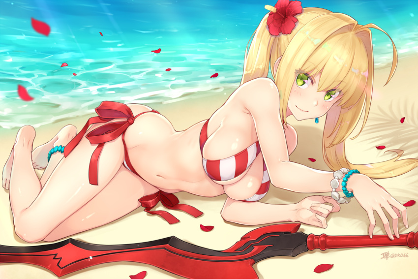 1girl aestus_estus ahoge anklet bare_shoulders barefoot beach bead_bracelet beads bikini blonde_hair bracelet breasts cleavage closed_mouth dan_(kumadan) day fate/grand_order fate_(series) flower green_eyes groin hair_flower hair_intakes hair_ornament hibiscus jewelry large_breasts light_rays long_hair looking_at_viewer lying navel nero_claudius_(fate)_(all) nero_claudius_(swimsuit_caster)_(fate) ocean on_side outdoors petals red_bikini red_flower shadow side-tie_bikini sidelocks smile solo stomach striped striped_bikini swimsuit sword thighs twintails water weapon