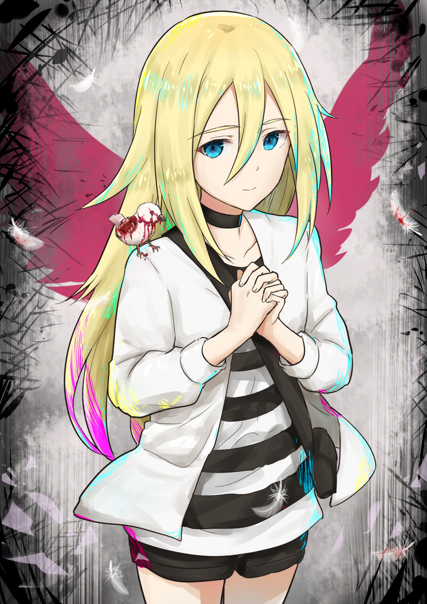 1girl absurdres animal animal_on_shoulder bird_on_shoulder black_shorts blonde_hair blood blue_eyes choker collarbone cowboy_shot hair_between_eyes hands_clasped highres jacket long_hair looking_at_viewer open_clothes open_jacket own_hands_together rachel_gardner red_wings satsuriku_no_tenshi shiny shiny_hair shirt short_shorts shorts smile solo standing striped striped_shirt very_long_hair wei_miao white_feathers white_jacket wings