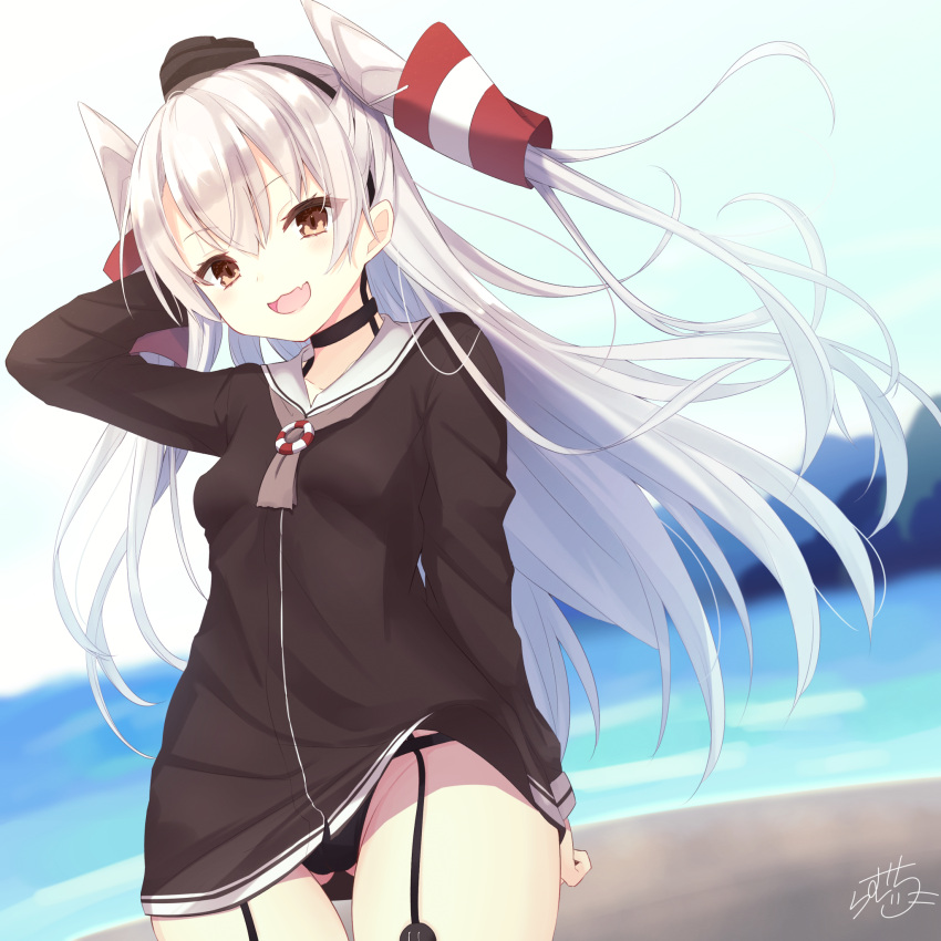 1girl :d amatsukaze_(kantai_collection) arm_behind_head ass_visible_through_thighs bangs beach black_choker black_hat black_panties blush breasts brown_eyes choker collarbone commentary_request cowboy_shot day dress eyebrows_visible_through_hair eyelashes fang garter_straps grey_hair groin hair_between_eyes hair_tubes hand_to_head hand_up hat highres kantai_collection long_hair long_sleeves looking_at_viewer mini_hat open_mouth outdoors panties pantyshot pantyshot_(standing) ramchi red_legwear rensouhou-kun sailor_collar sailor_dress short_dress signature silver_hair small_breasts smile solo standing striped striped_legwear thigh-highs two_side_up underwear upskirt wind wind_lift windsock