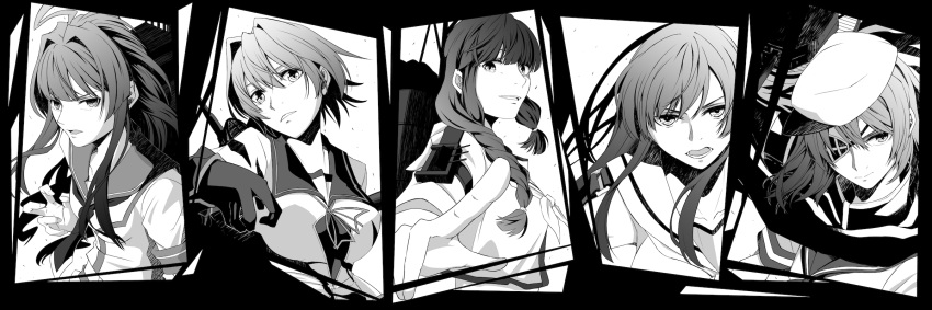 5girls ahoge asuka_sakurai bangs blunt_bangs braid breasts cloak closed_mouth collarbone commentary eyebrows_visible_through_hair eyepatch flat_cap gloves greyscale hair_between_eyes hair_intakes hair_over_one_eye hair_tie hat highres kantai_collection kiso_(kantai_collection) kitakami_(kantai_collection) kuma_(kantai_collection) long_hair looking_at_viewer machinery medium_hair monochrome multiple_girls neck_ribbon neckerchief ooi_(kantai_collection) open_mouth parted_lips pointing remodel_(kantai_collection) ribbon rigging sailor_collar school_uniform serafuku short_hair short_sleeves sidelocks single_braid smile smokestack tama_(kantai_collection) teeth turret upper_body