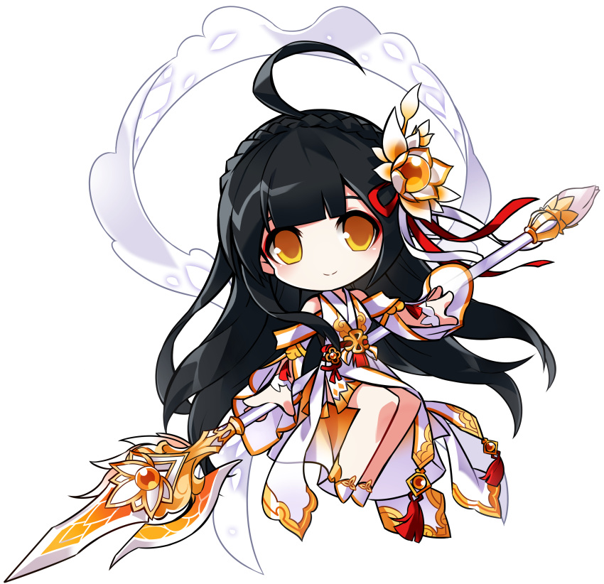 1girl absurdres ahoge apsara_(elsword) ara_han bare_legs bare_shoulders black_hair chibi elsword hair_ornament high_heels highres holding holding_spear holding_weapon legs_together long_hair looking_at_viewer official_art orange_eyes pleated_skirt polearm puffy_sleeves red_eyeshadow sash shirt skirt smile solo spear weapon white_background white_footwear white_shirt