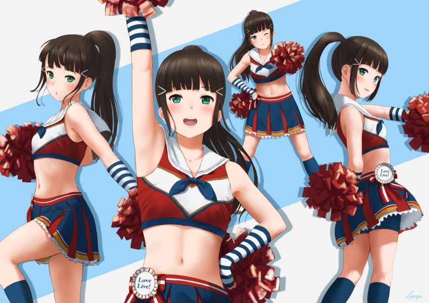 1girl :d :o arm_up armpits bangs bare_shoulders black_hair blue_background blue_gloves blue_legwear blue_shorts blue_skirt blunt_bangs blush cheerleader copyright_name crop_top elbow_gloves eyebrows_visible_through_hair fingerless_gloves gloves green_eyes hair_ornament hairclip hand_on_hip highres holding kneehighs kurosawa_dia leaning_forward leg_up legs_apart long_hair looking_at_viewer love_live! love_live!_sunshine!! miniskirt mole mole_under_eye multiple_views navel one_eye_closed open_mouth papi_(papiron100) parted_lips pleated_skirt pom_poms ponytail round_teeth sarong shorts shorts_under_skirt sidelocks skirt sleeveless smile standing stomach striped striped_gloves teeth two-tone_background upper_teeth v-shaped_eyebrows white_sarong