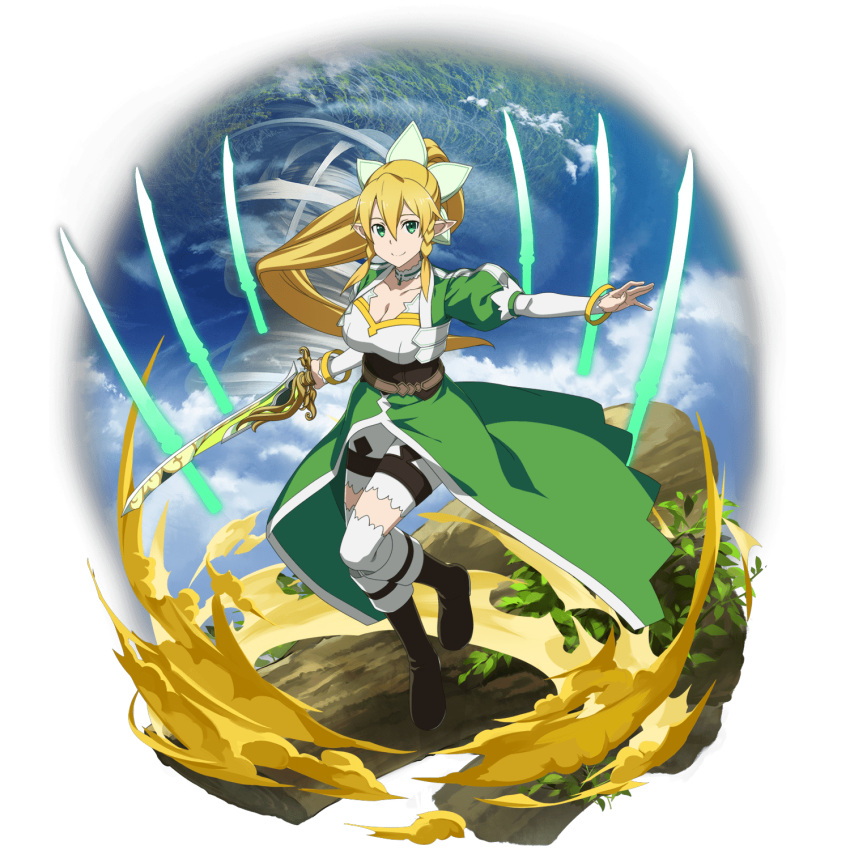 1girl blonde_hair boots bracelet braid breasts brown_footwear cape choker cleavage collarbone corset floating_hair full_body green_cape green_eyes hair_between_eyes hair_ornament high_ponytail highres holding holding_sword holding_weapon jewelry large_breasts leafa long_hair long_sleeves looking_at_viewer official_art outstretched_arm shiny shiny_hair shorts smile solo sword sword_art_online thigh-highs transparent_background twin_braids very_long_hair waist_cape weapon white_legwear white_shorts white_sleeves