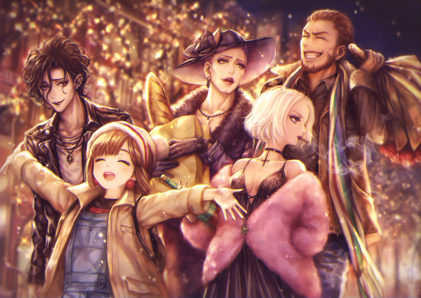 2girls 3boys absurdres alcohol bag baguette beard black_hair blonde_hair bouquet bread breasts brown_hair casual choker cleavage closed_eyes coat contemporary dress emma_(jinrou_judgment) facial_hair flower food freddie_(jinrou_judgment) gloves grin grocery_bag hat highres holding holding_bouquet huge_filesize hugh_(jinrou_judgment) jacket jewelry jinrou_judgment leather leather_jacket lillian_(jinrou_judgment) lipstick long_hair makeup multiple_boys multiple_girls murayama_(u_k) necklace overalls shopping_bag short_hair smile snow susan_(jinrou_judgment) wine winter